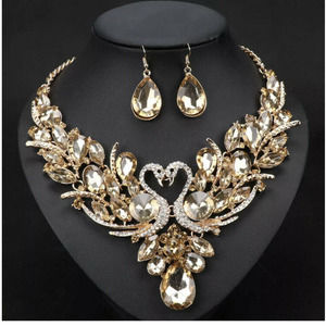 Yellow Gold Topaz Crystal Rhinestone Swan Necklace Earrings Bridal Prom Set